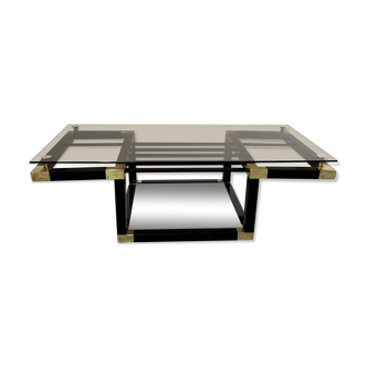Coffee table in black and gold metal, smoked glass 70 years Romeo Rega vintage