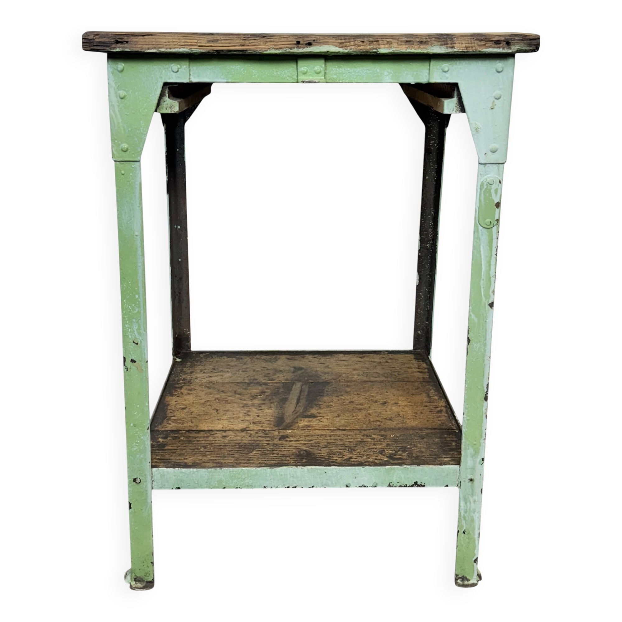 Table industrielle en fer vert, années 1950