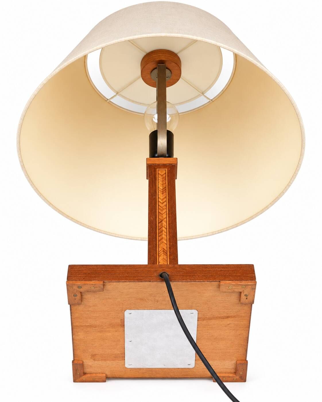 Vintage Wooden Table Lamp with Geometric Marquetry Inlay – Fabric Lampshade