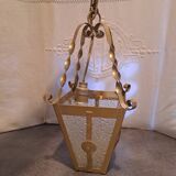 Interior pendant light Lantern ceiling light in gold metal and grained glass 1950 France