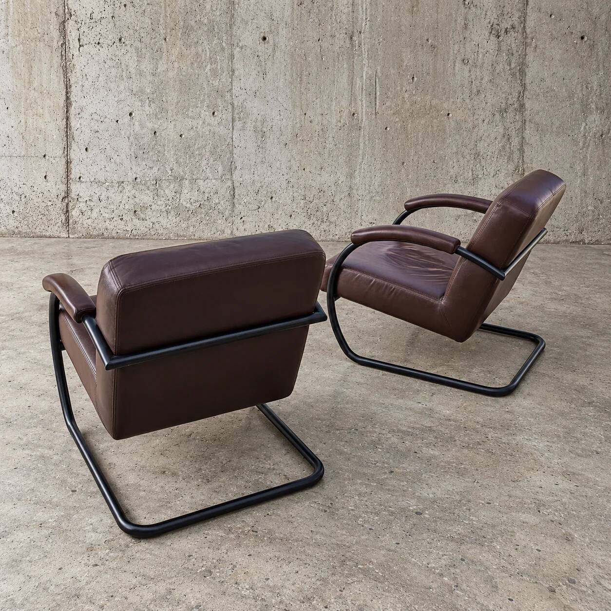 2 x dark brown / bordeaux red / weighty leather club chairs / 1980s
