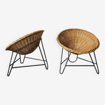 Pair of mid century bamboo and iron pod chairs, 1960s