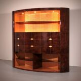 Iconic Aldo Tura brown goatskin bar cabinet with electric lift & mirror interior.