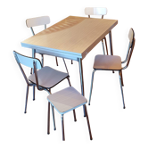 White formica table and 4 chairs + 2 stools