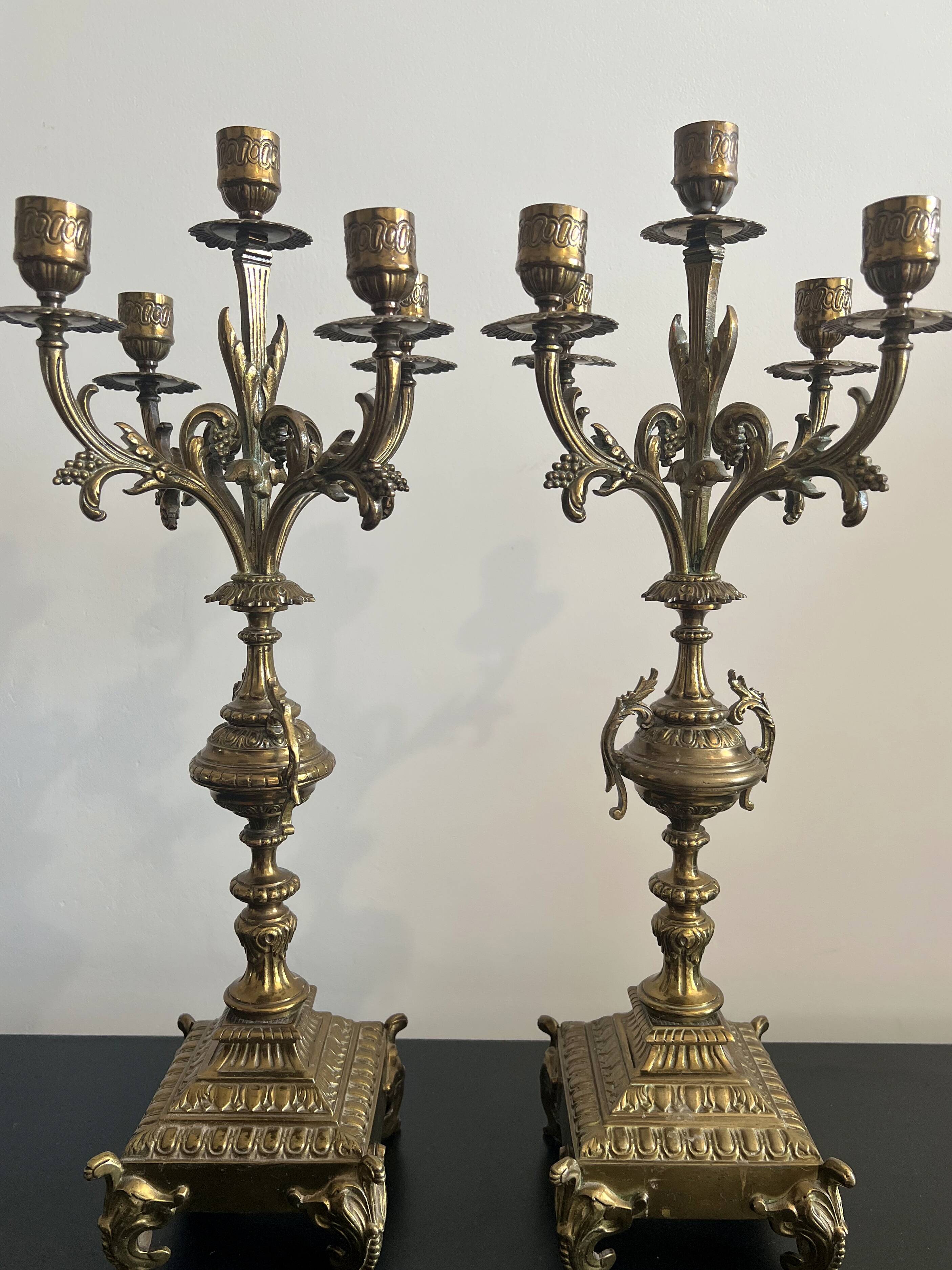 Pair of five-light gilded bronze candelabras, Napoleon III, 19th century.