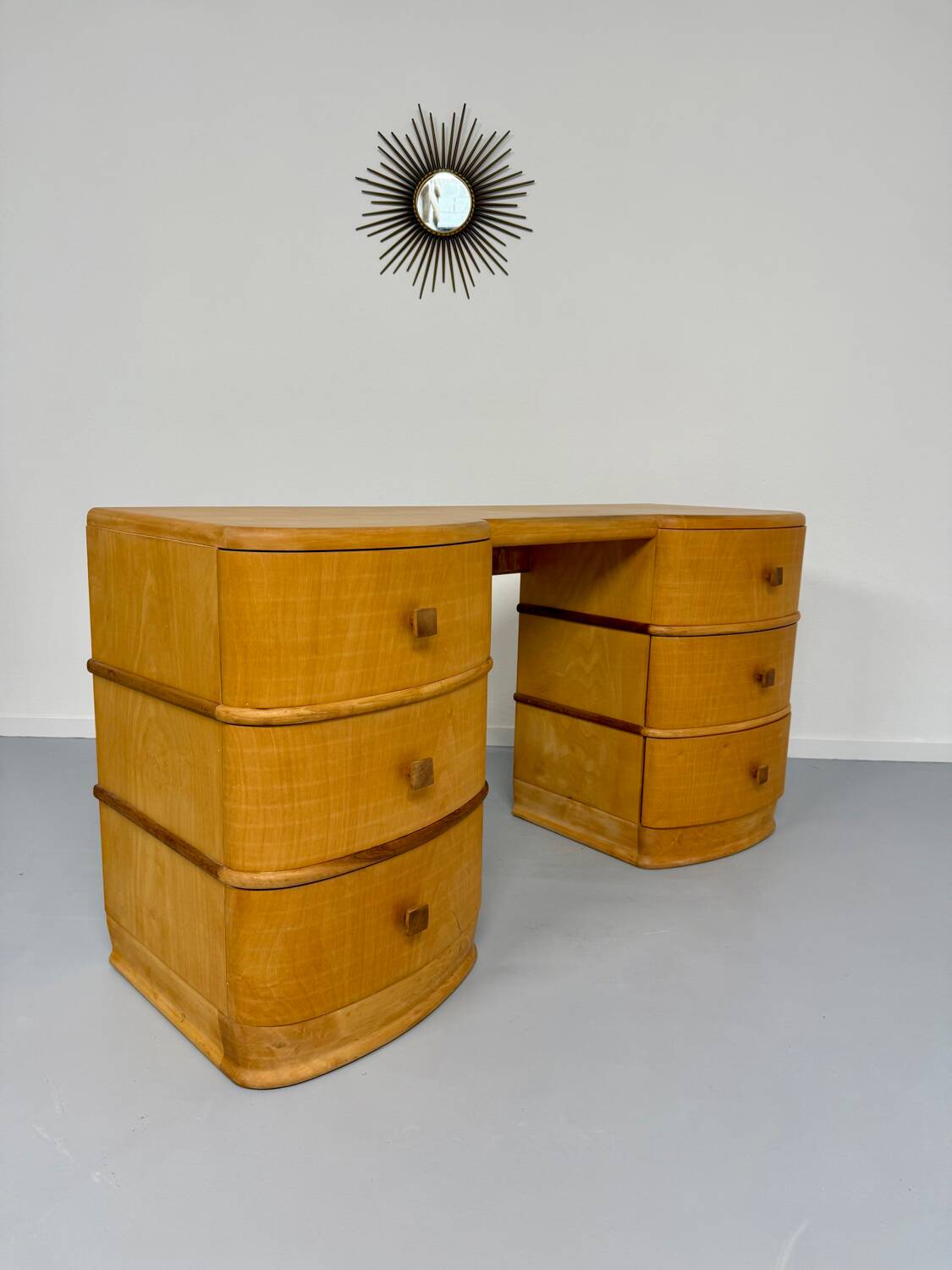 Old beech desk in art deco style with drawer, vintage 60s