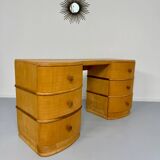 Old beech desk in art deco style with drawer, vintage 60s