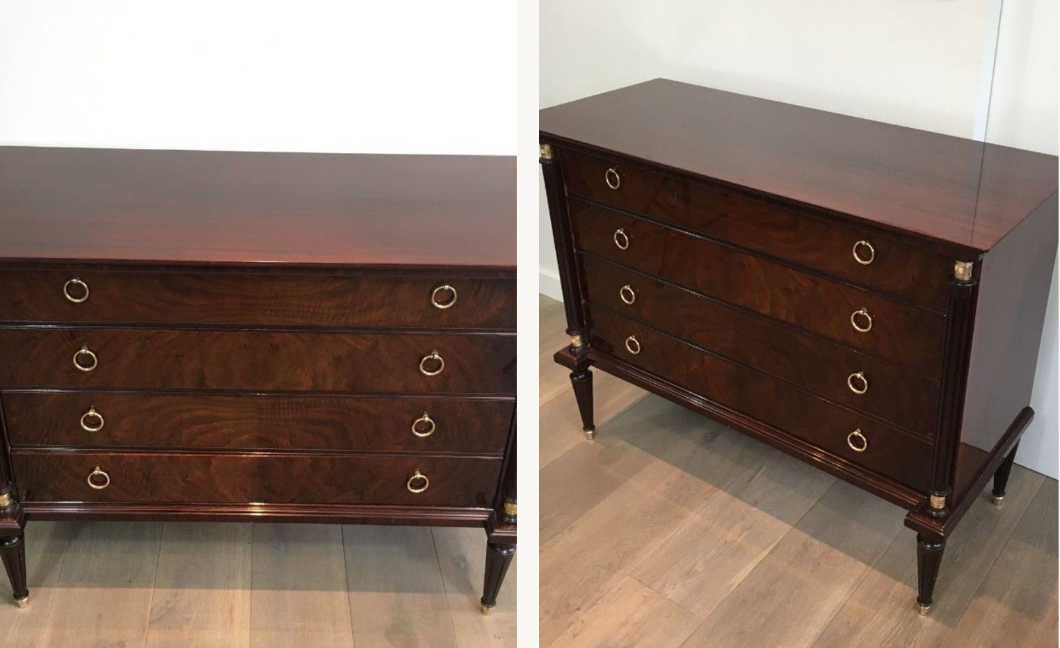 Neoclassical chest of drawers in mahogany and brass
