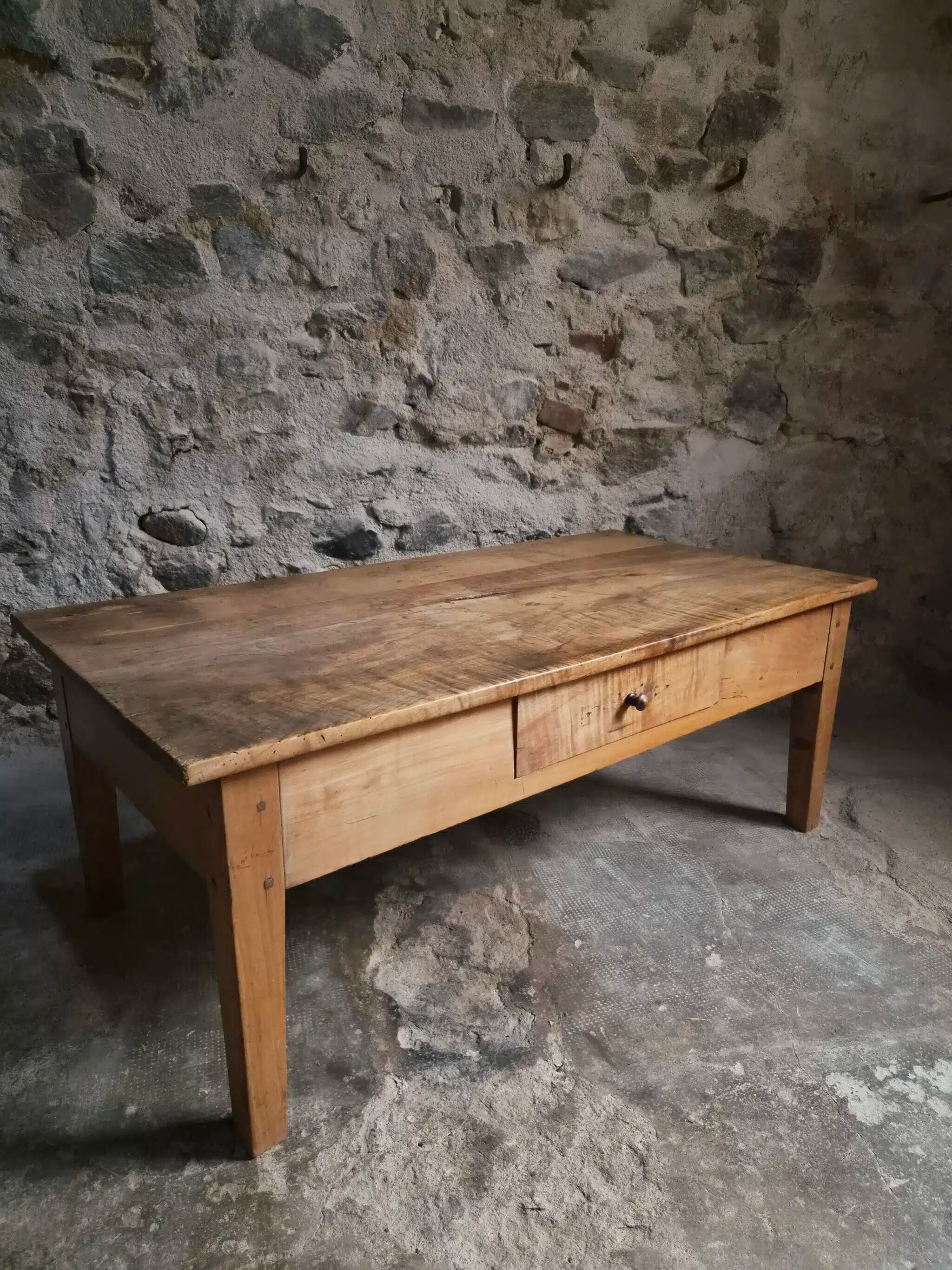 Antique French coffee table, 18th-century cherry farmhouse table with a drawer.