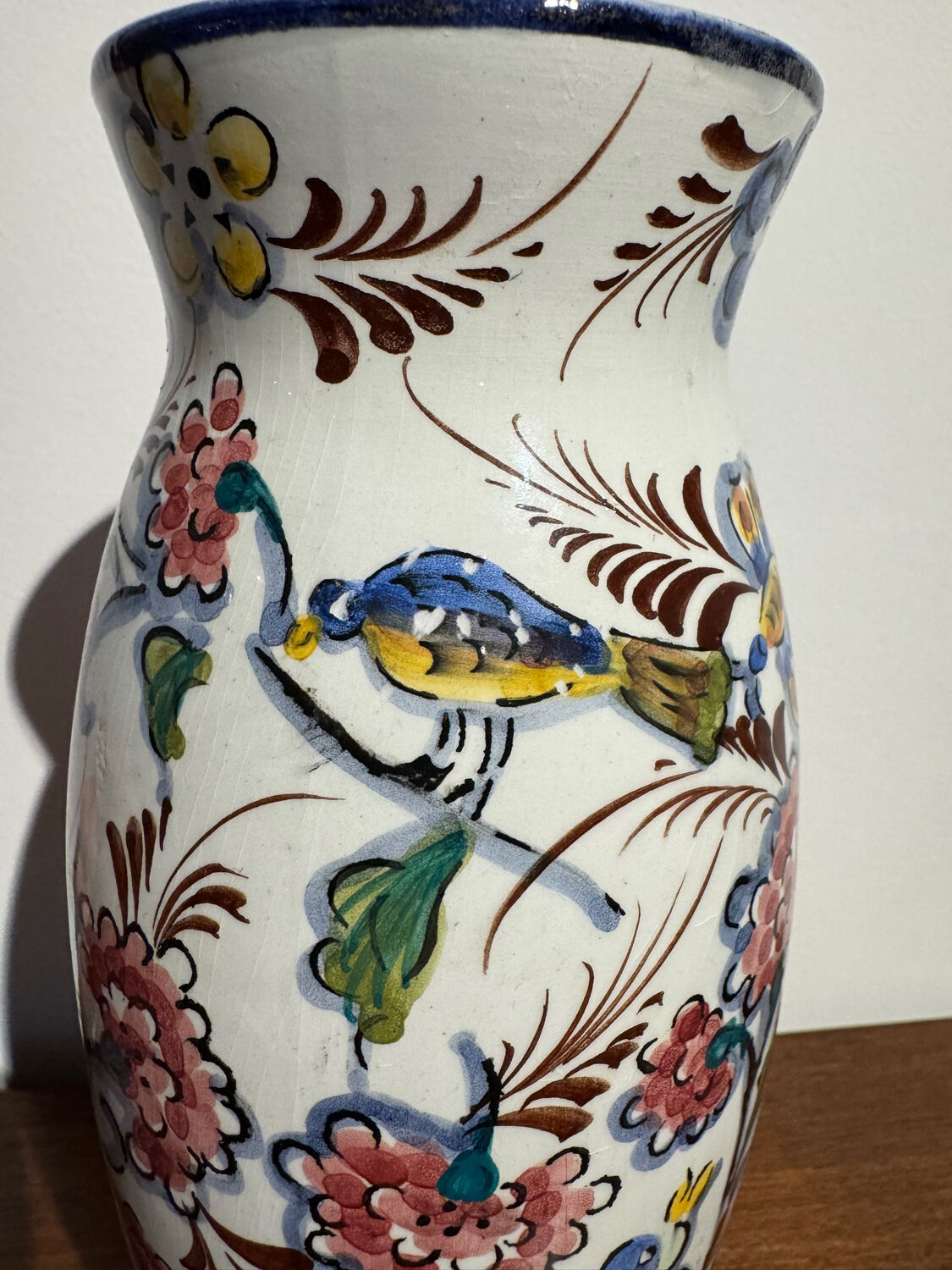 Glazed earthenware vase – floral and bird decoration –