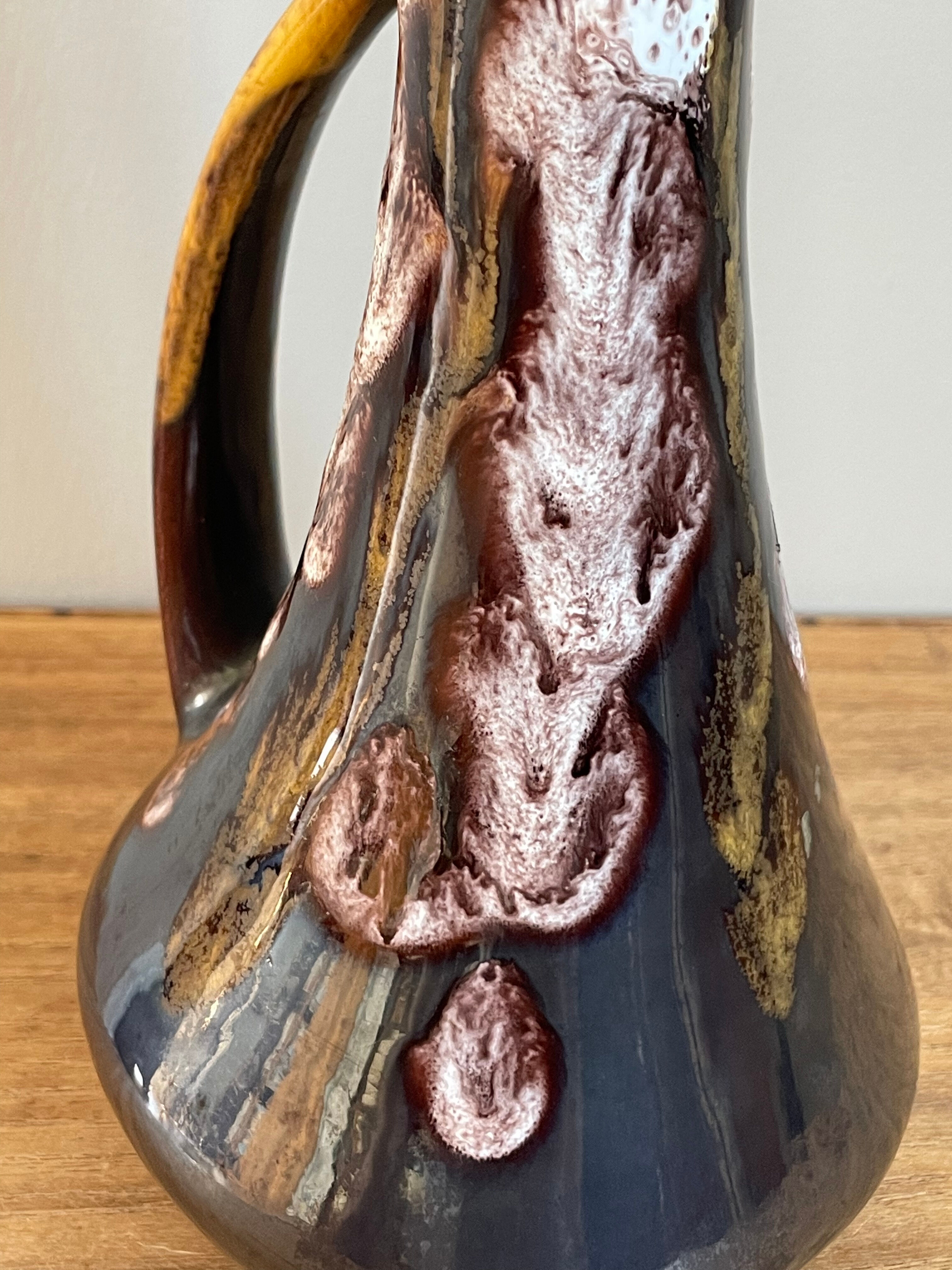 Fat lava style vase with handle, victory, purple, yellow & black drip glaze