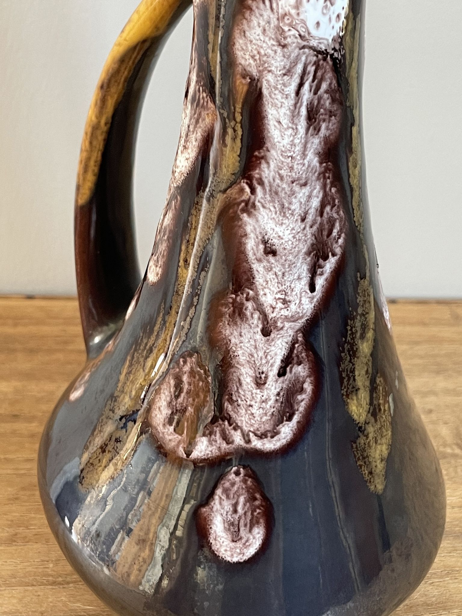 Fat lava style vase with handle, victory, purple, yellow & black drip glaze