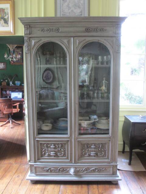 Antique carved buffet display cabinet with gray patina