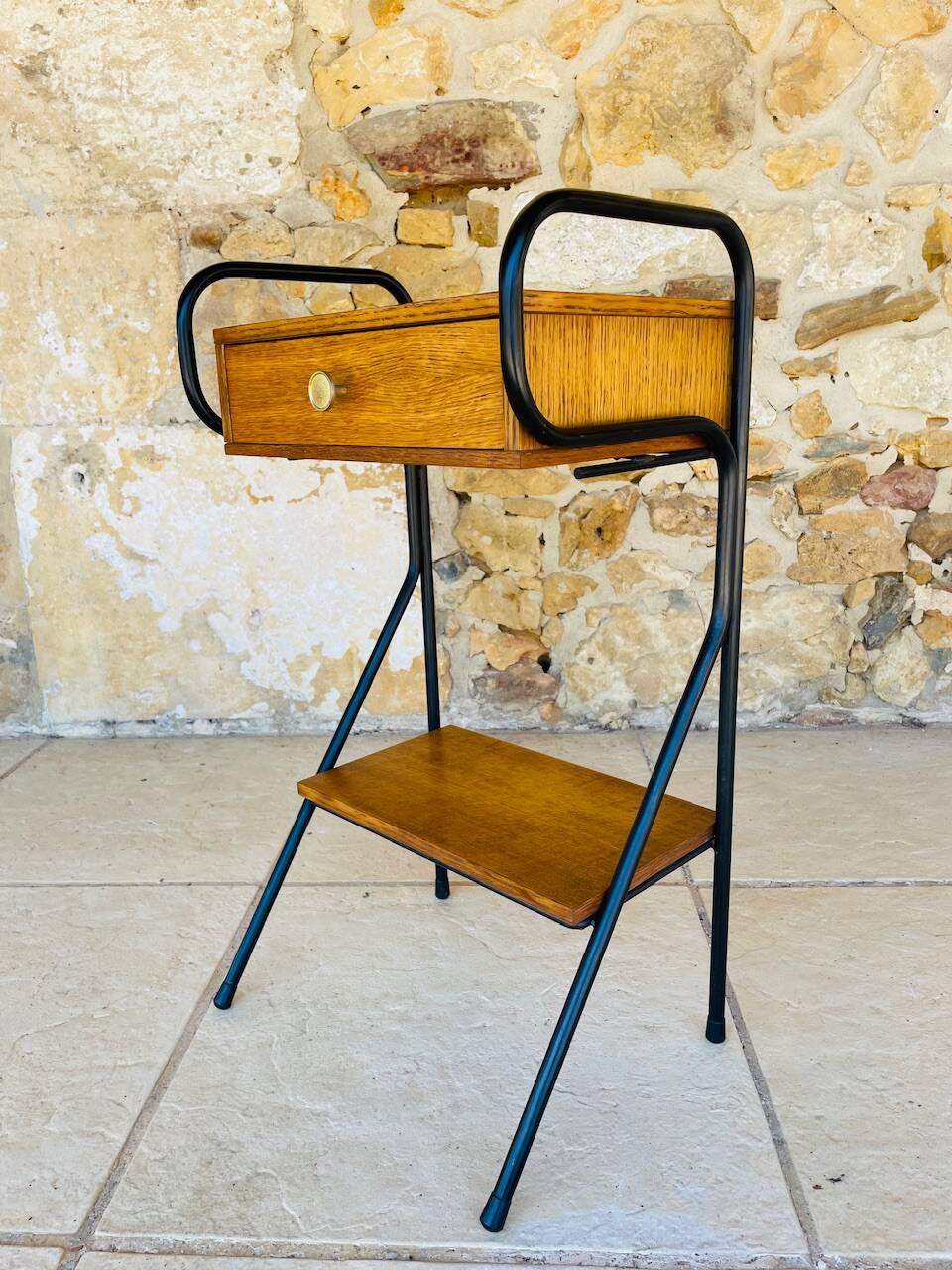 Vintage oak bedside table with black metal legs circa 50s/60s