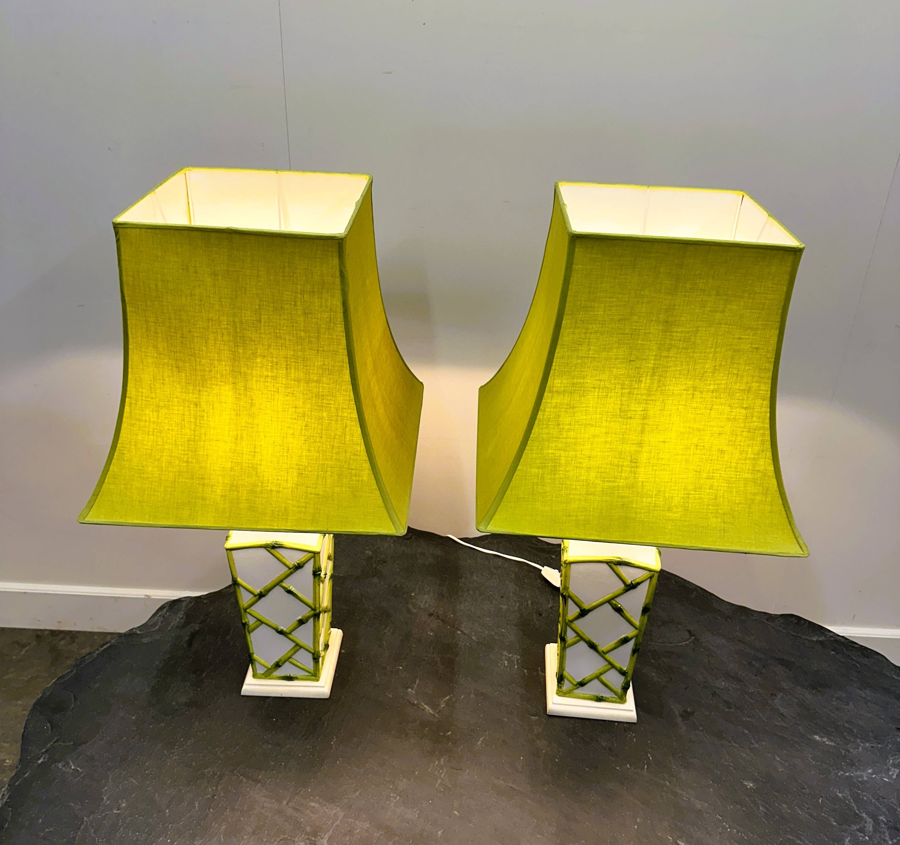 Pair of Faux Bamboo French Ceramic Table Lamps, French 1970s