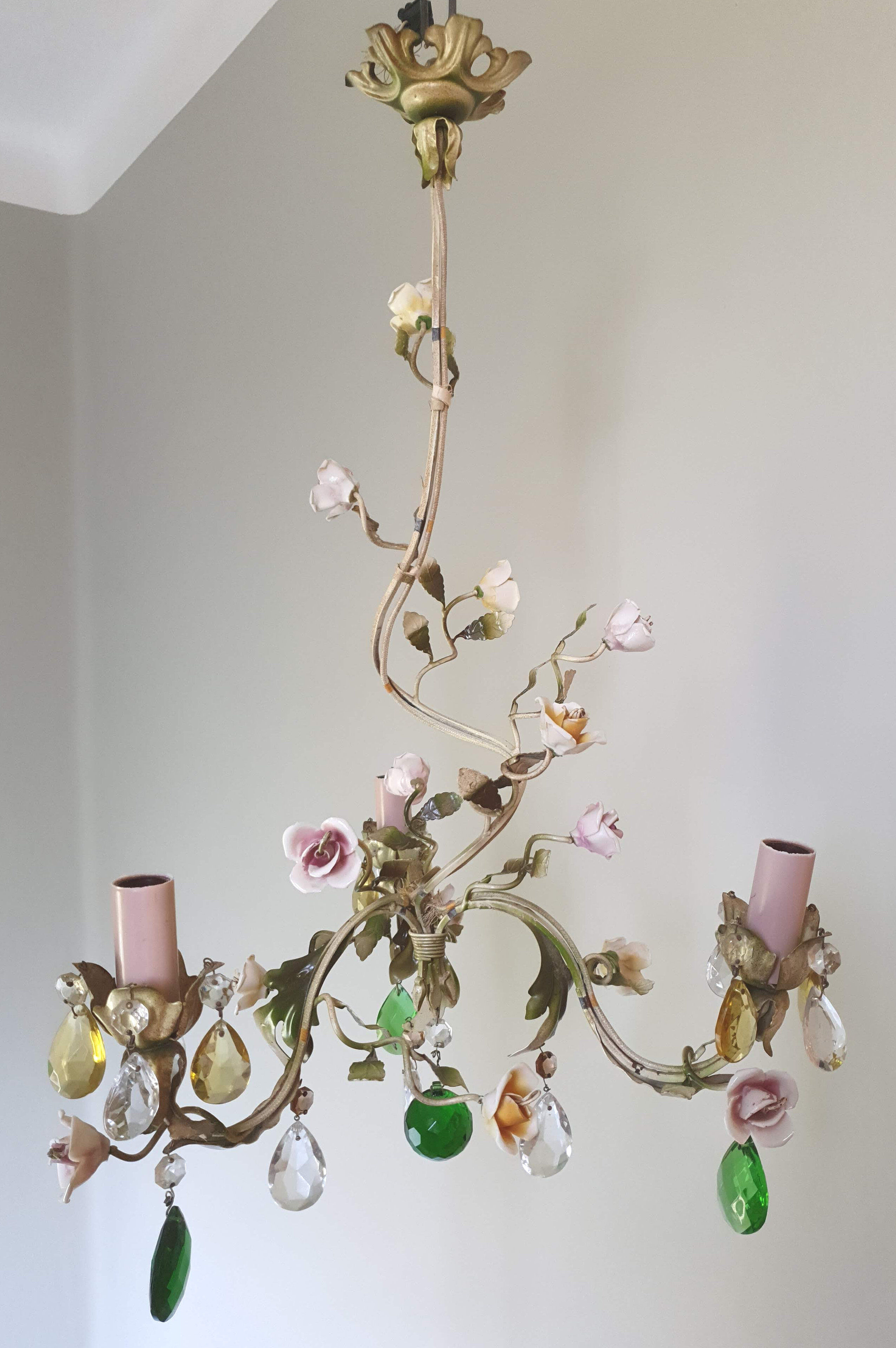 Painted metal chandelier and porcelain flowers
