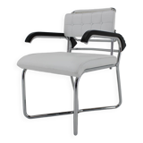 1940s Rare Restored Bauhaus Chrome Plated Adjustable Armchair in White Leather, Czechoslovakia