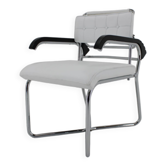 1940s Rare Restored Bauhaus Chrome Plated Adjustable Armchair in White Leather, Czechoslovakia