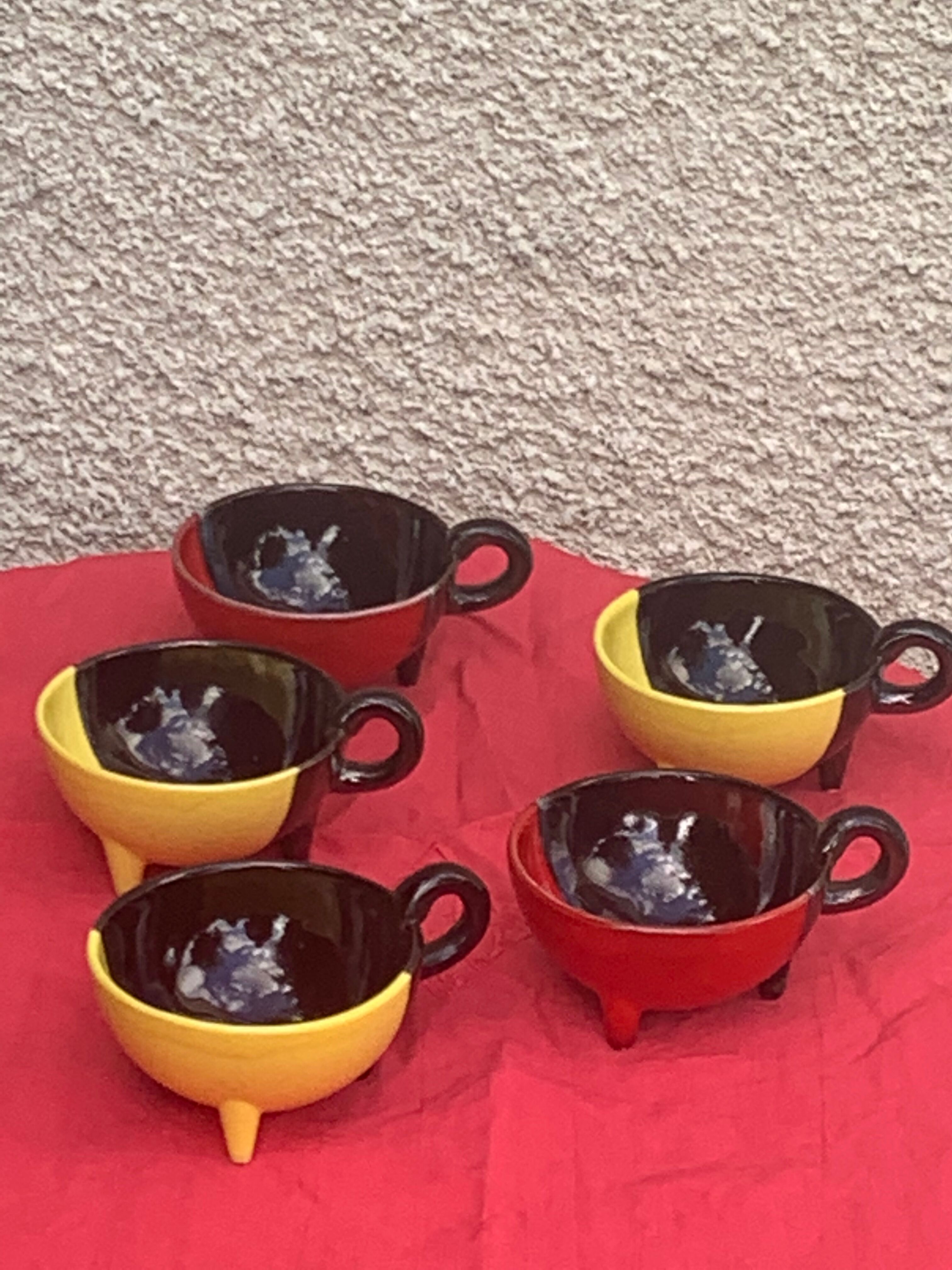 5 cups and 5 saucers signed Luc vallauris vintage