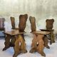 Set of six vintage brutalist wooden chairs.