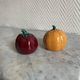 Set of ceramic salt and pepper shakers in the shape of a pumpkin tomato