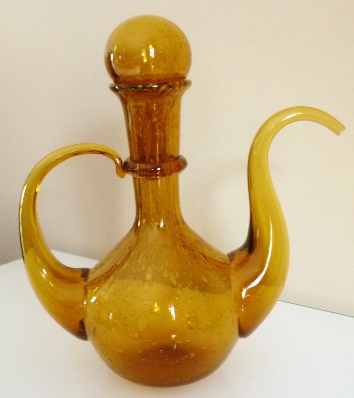 Blown glass carafe from Biot, amber, bubbled, vintage 70s