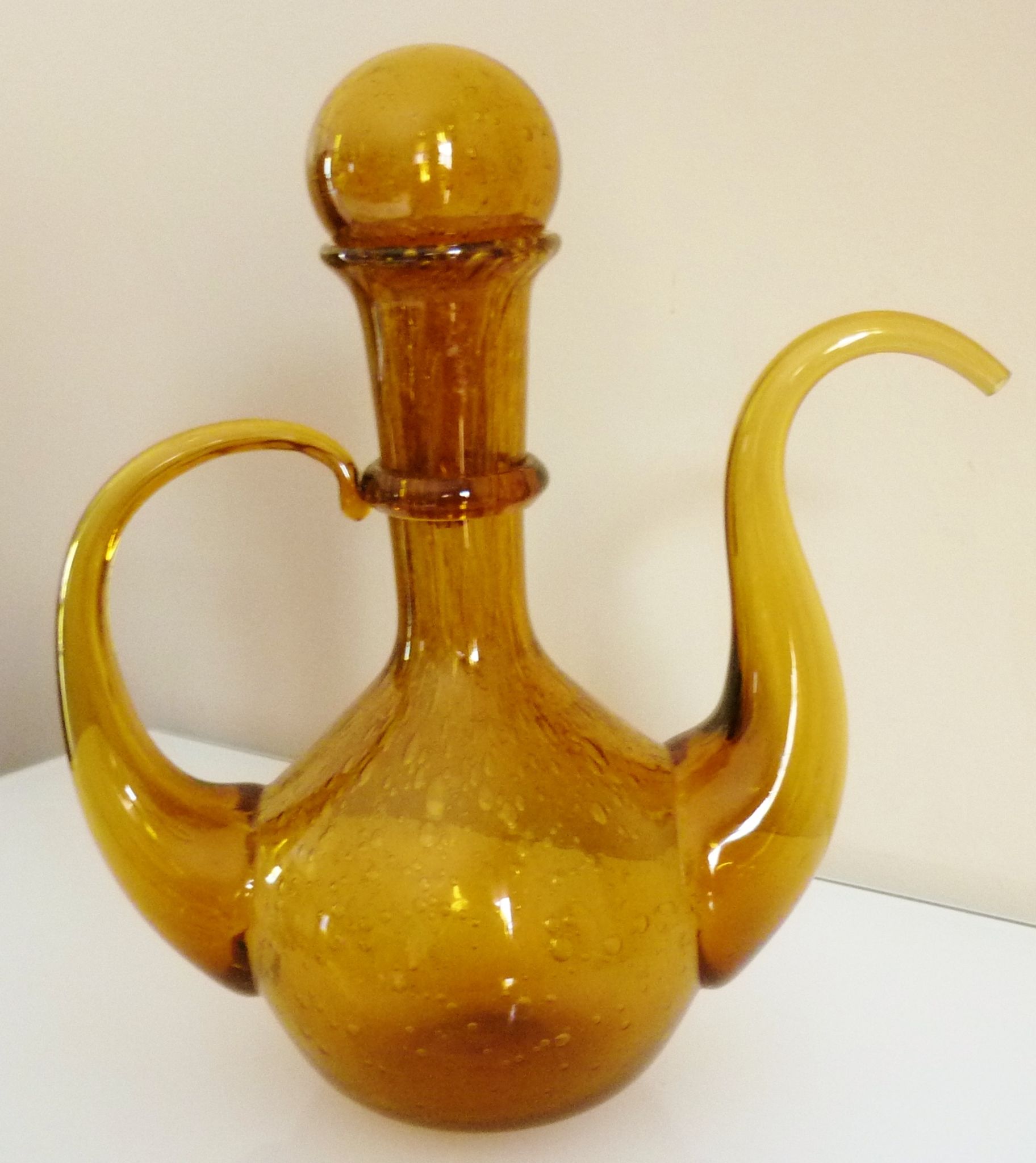 Blown glass carafe from Biot, amber, bubbled, vintage 70s