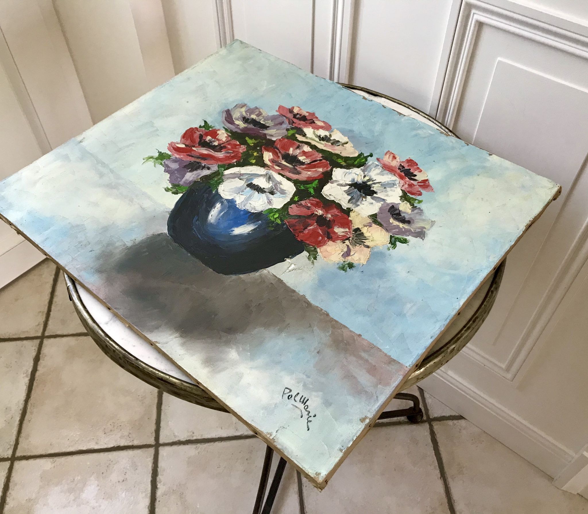 Old painting signed oil on canvas bouquet of vintage anemone flowers