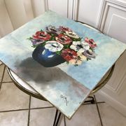 Old painting signed oil on canvas bouquet of vintage anemone flowers