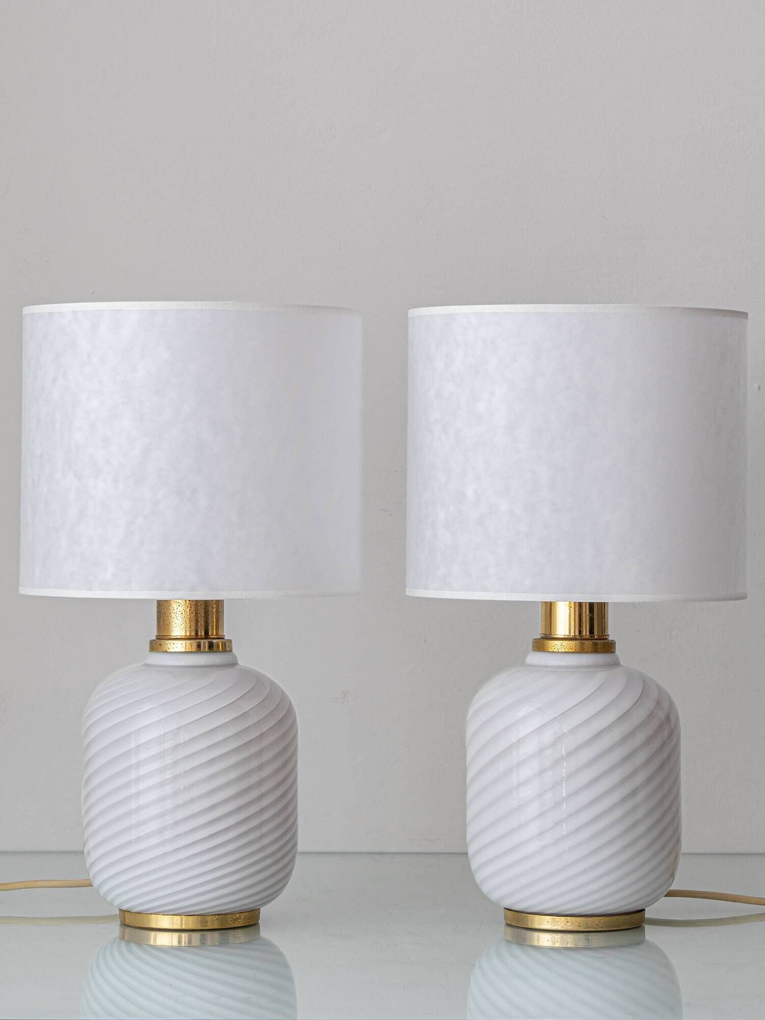 Murano Glass Table Lamps from the 1970s, White Opaline and Brass