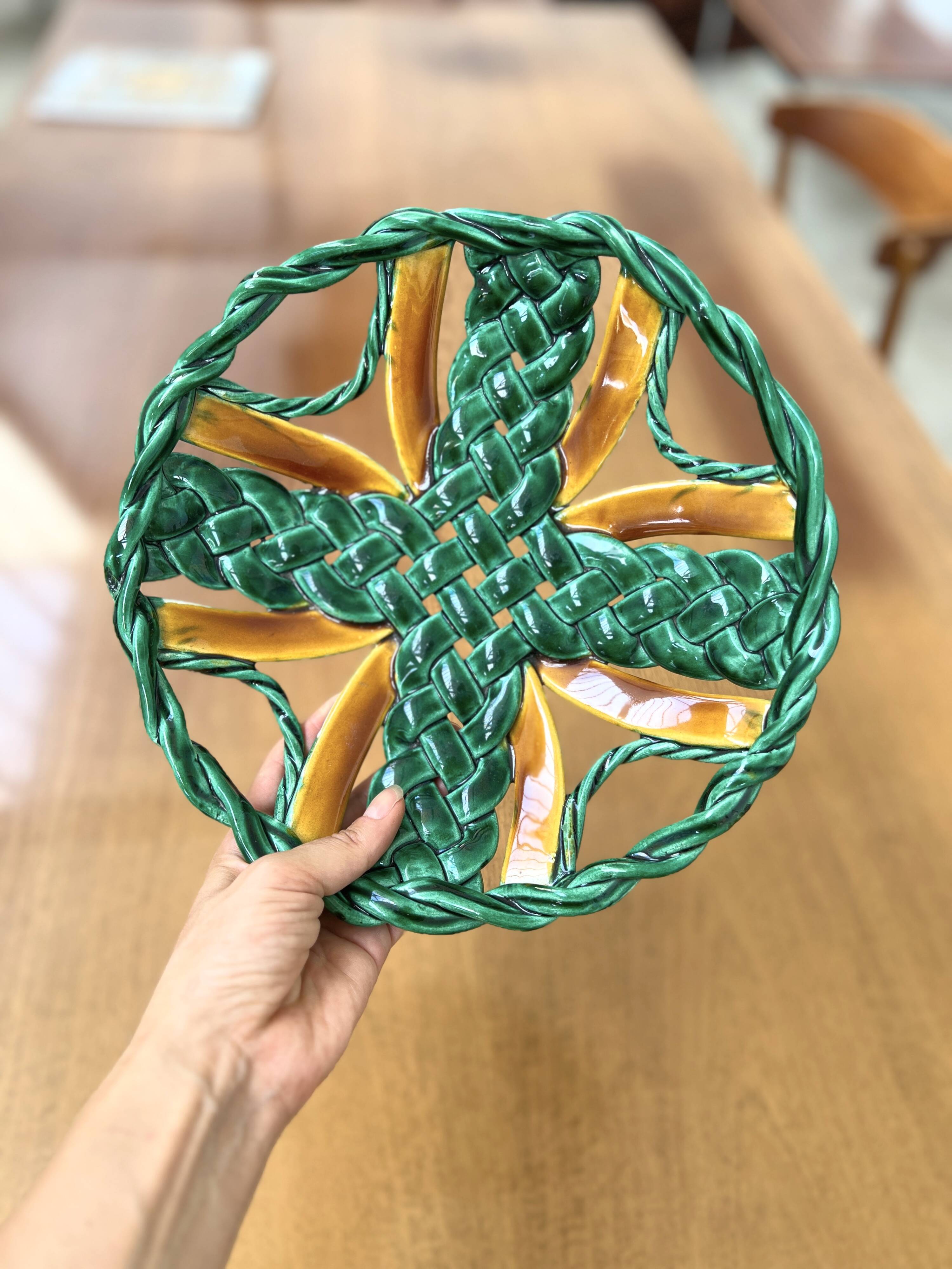 50s green braided barbotine fruit bowl