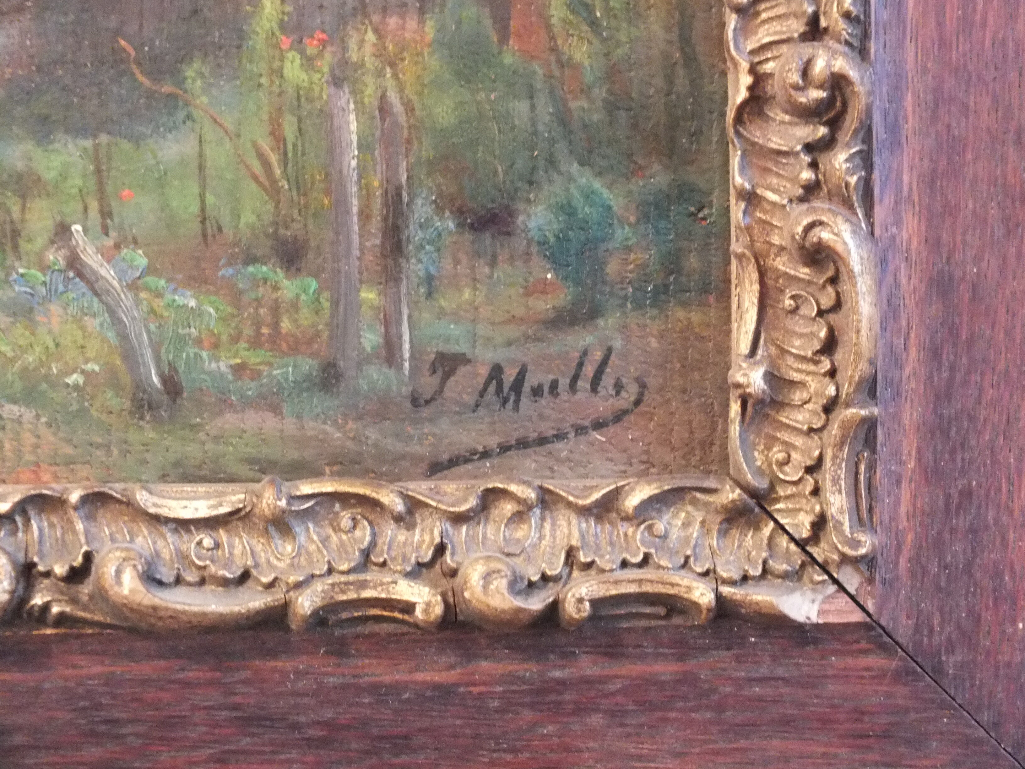 Oil painting on framed landscape panel signed J or F Muller