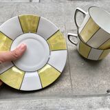 60s striped iridescent porcelain coffee service, 2 cups + 2 vintage saucers