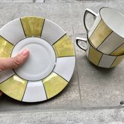 60s striped iridescent porcelain coffee service, 2 cups + 2 vintage saucers