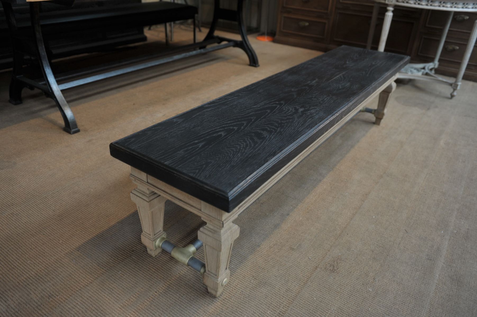 Ancient bench in solid oak and french bank brass
