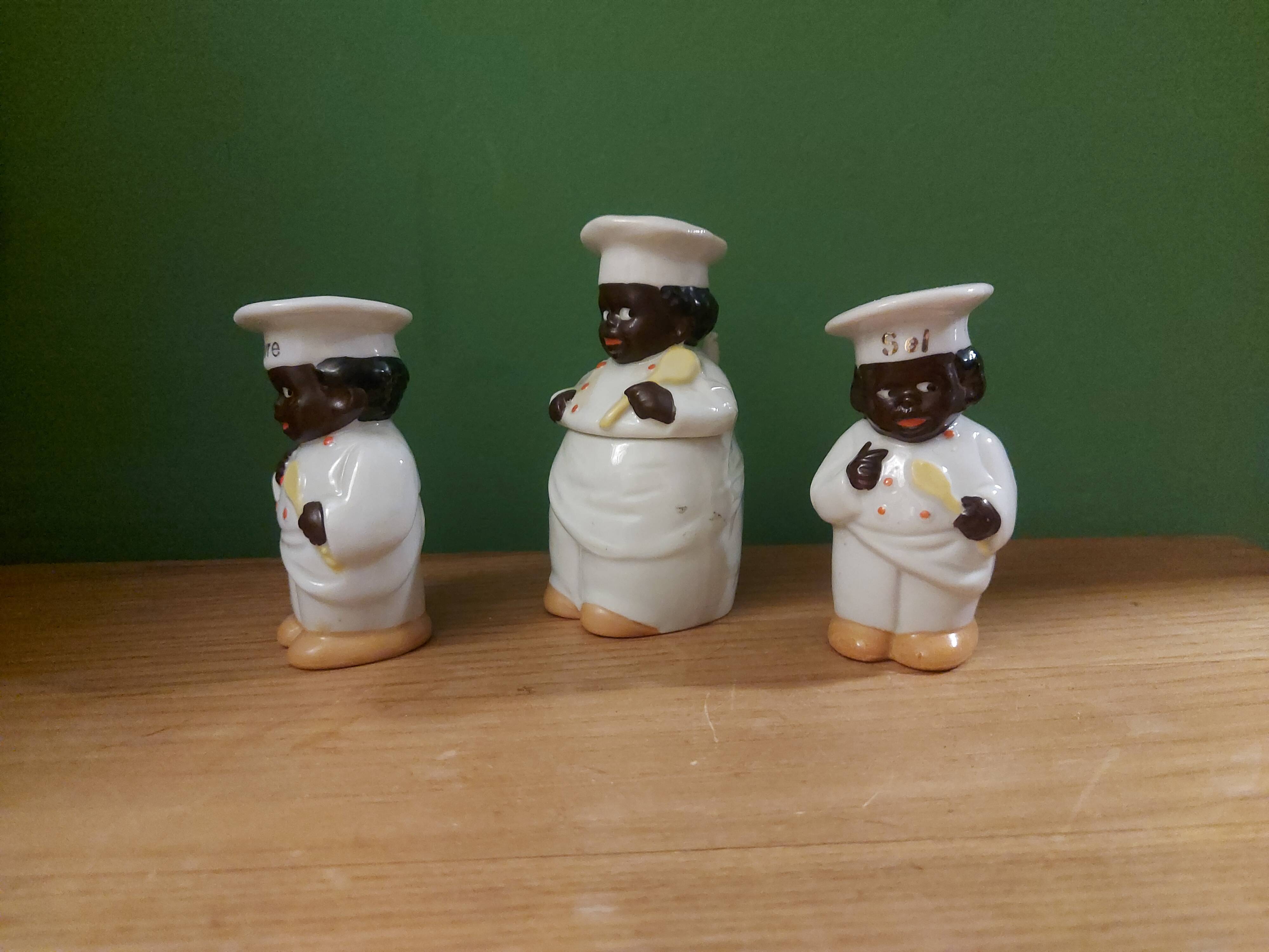 Vintage salt shaker, pepper and mustard set