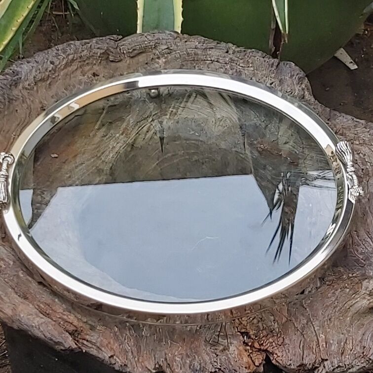 Round tray silver metal 70s