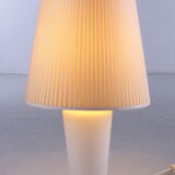 White glass table lamp with a pliche fabric shade, 70s.