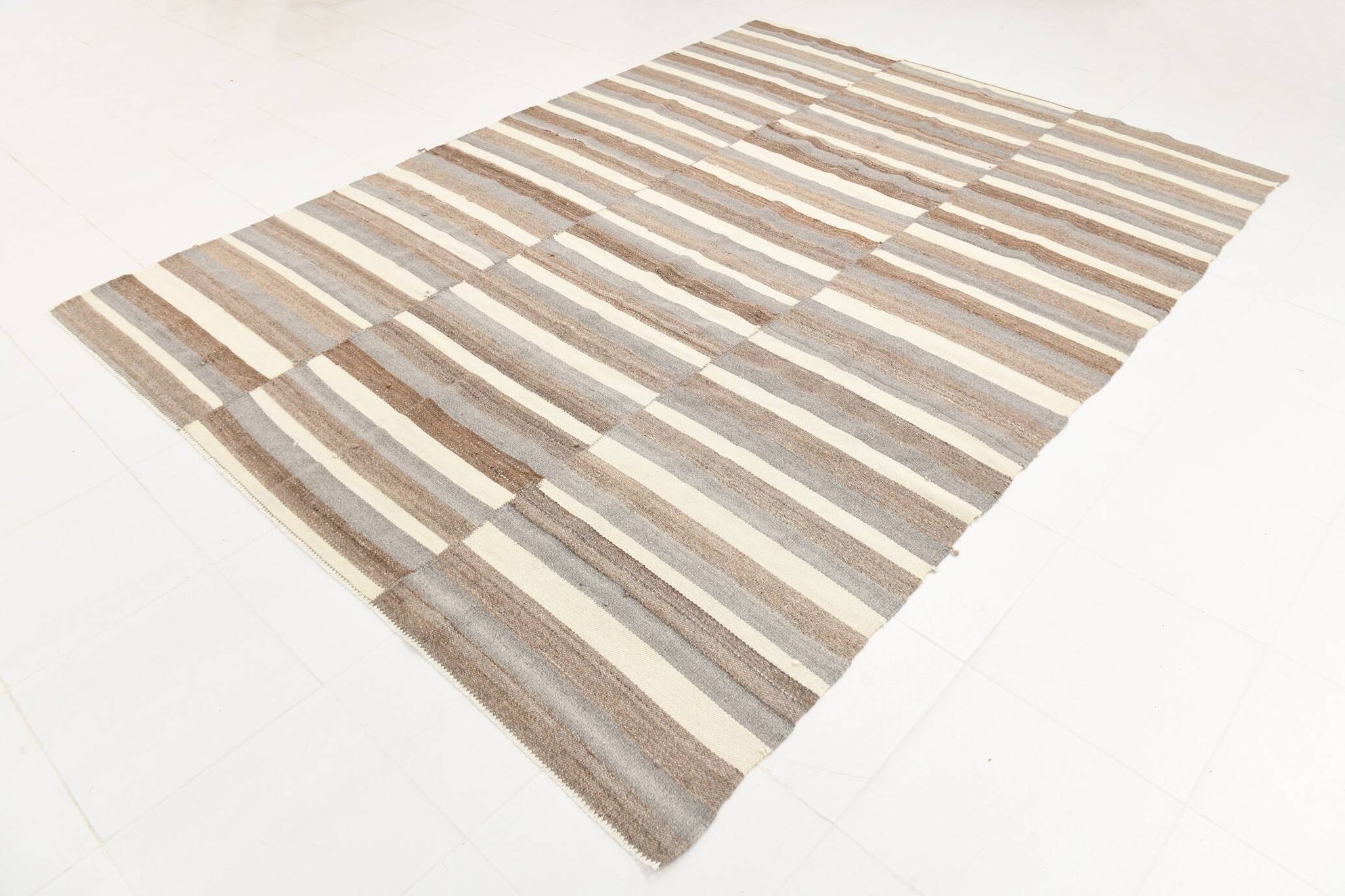 Contemporary Brown & Beige Striped Motifs Vintage Kilim Rug, 226x306Cm