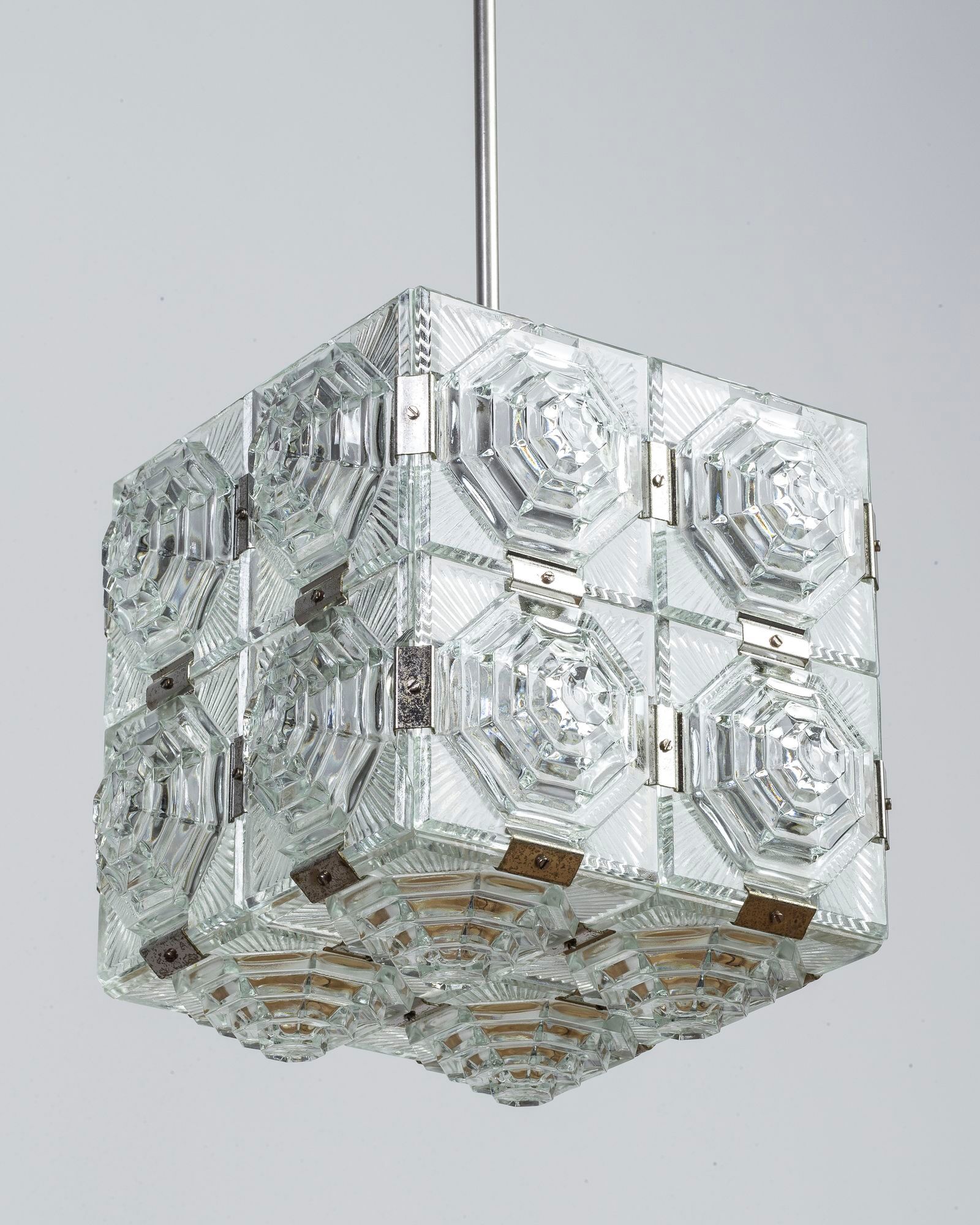 Cut glass cube pendant lamp from Kamenický Šenov, 1950's
