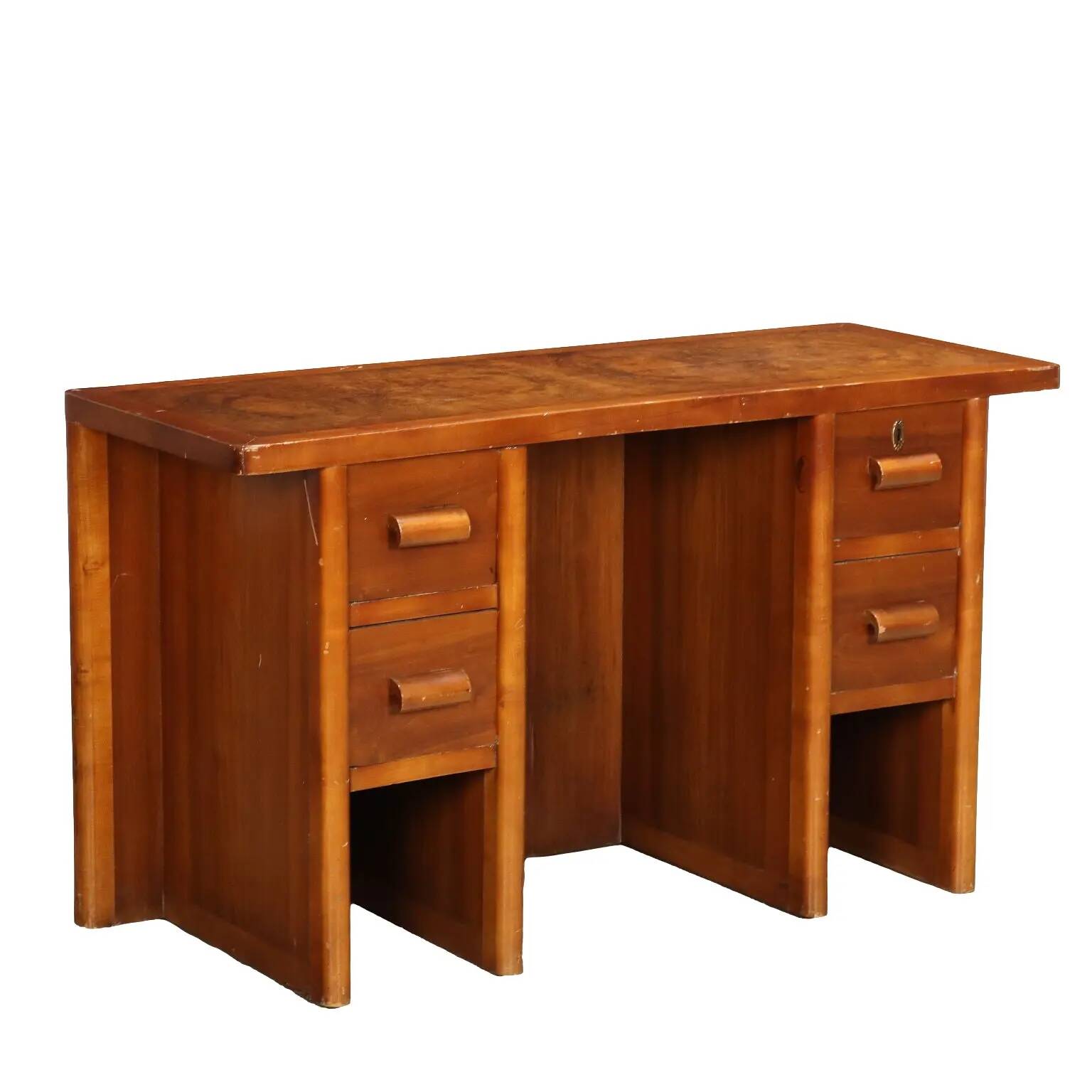 Vintage desk from the 1940s with side drawers in walnut, Italy.