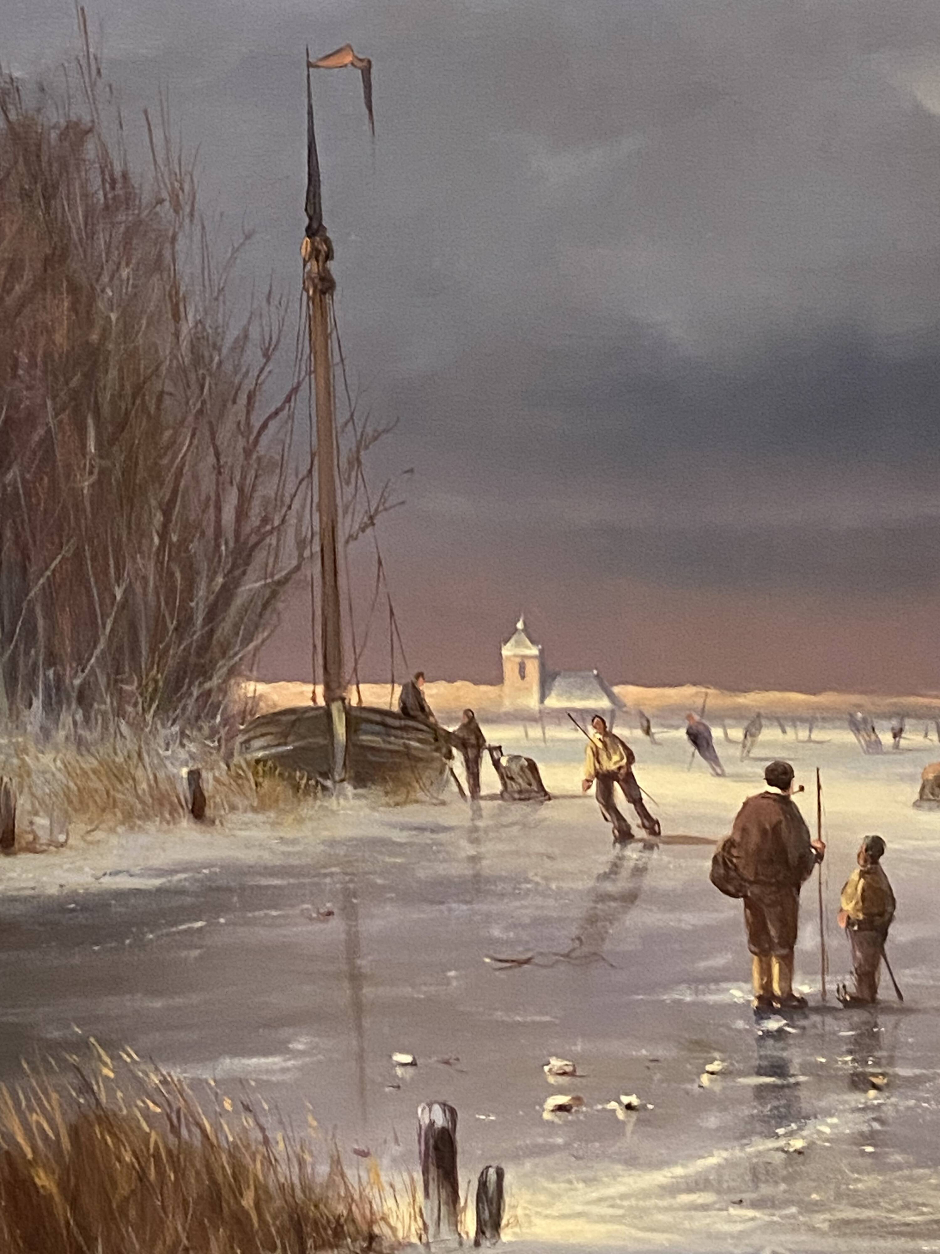 Huge oil painting on canvas Dutch school winter landscape 164x132