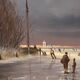 Huge oil painting on canvas Dutch school winter landscape 164x132