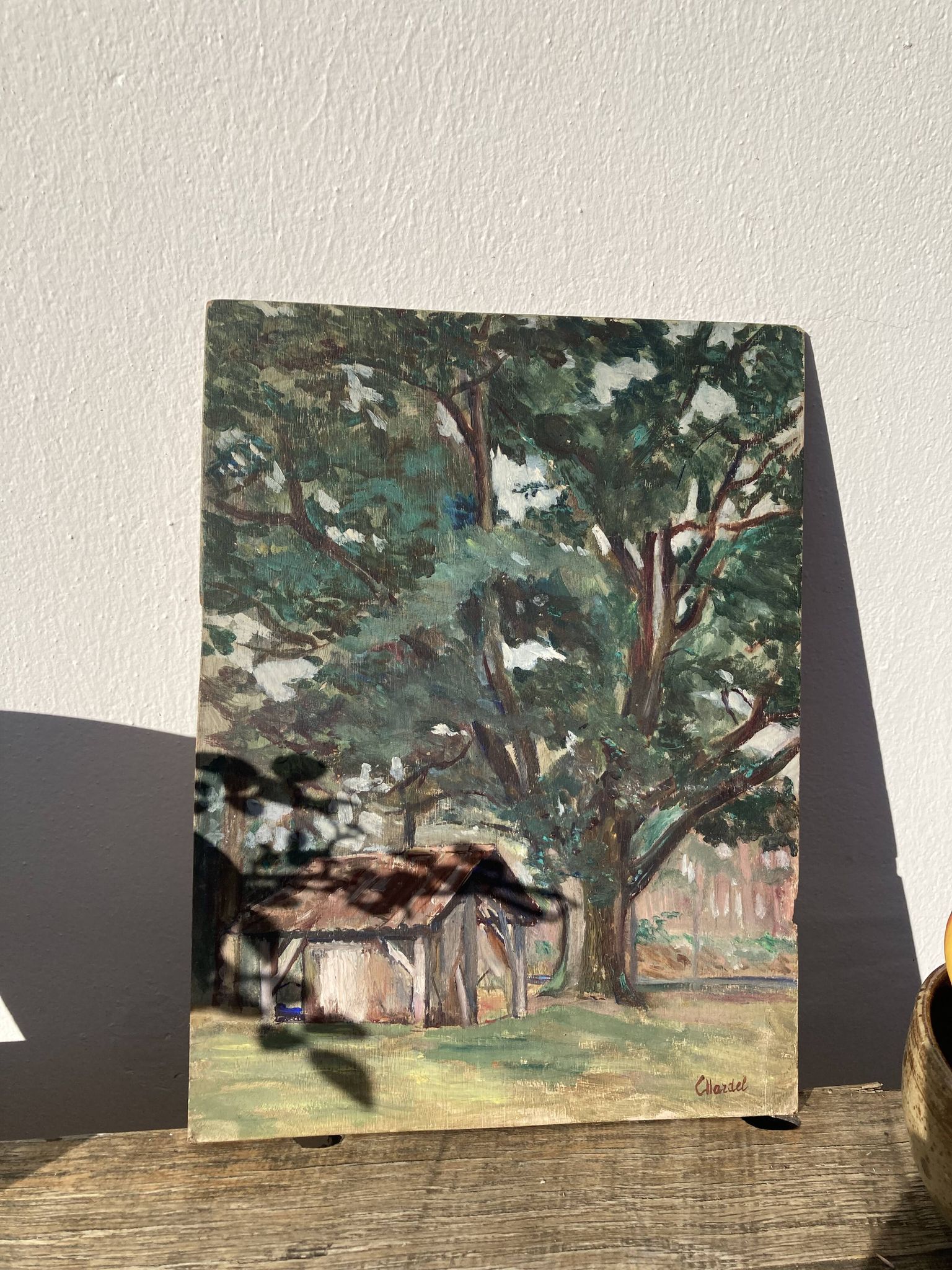 Oil on wood panel, old painting signed representing a tree and a bread oven of the Landes
