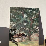 Oil on wood panel, old painting signed representing a tree and a bread oven of the Landes