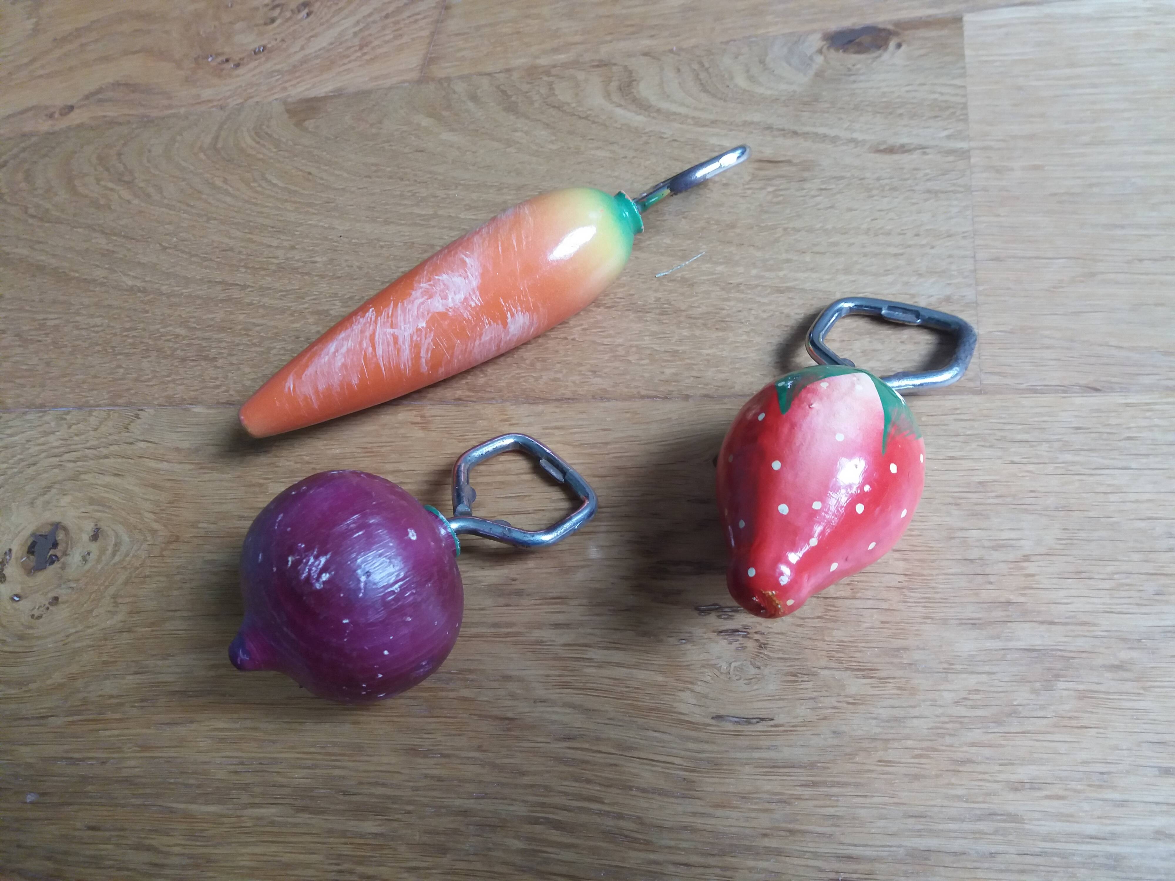 Strawberry, radish and carrot bottle openers