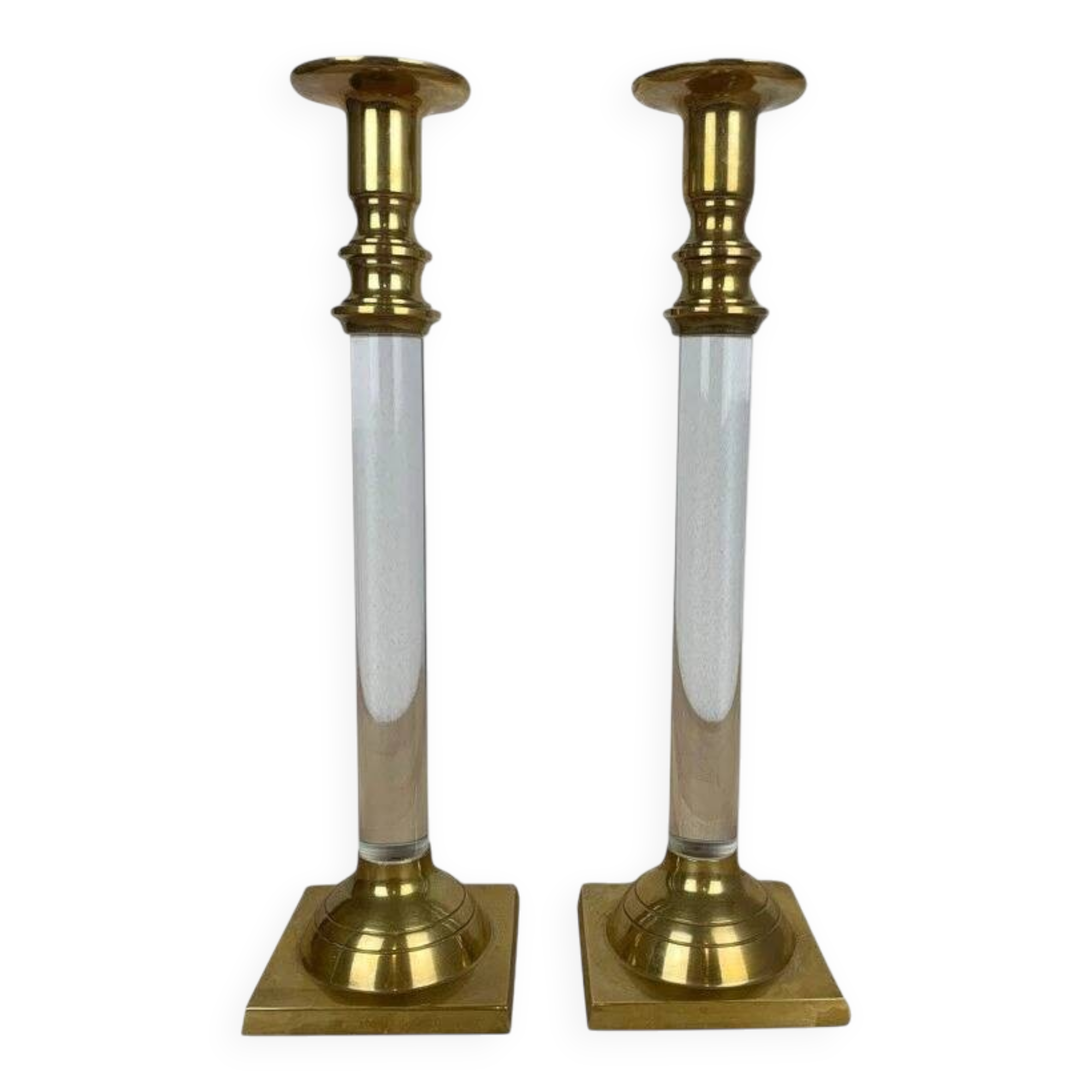 Pair of plexiglass and brass candlesticks by Estrid Ericson, vintage