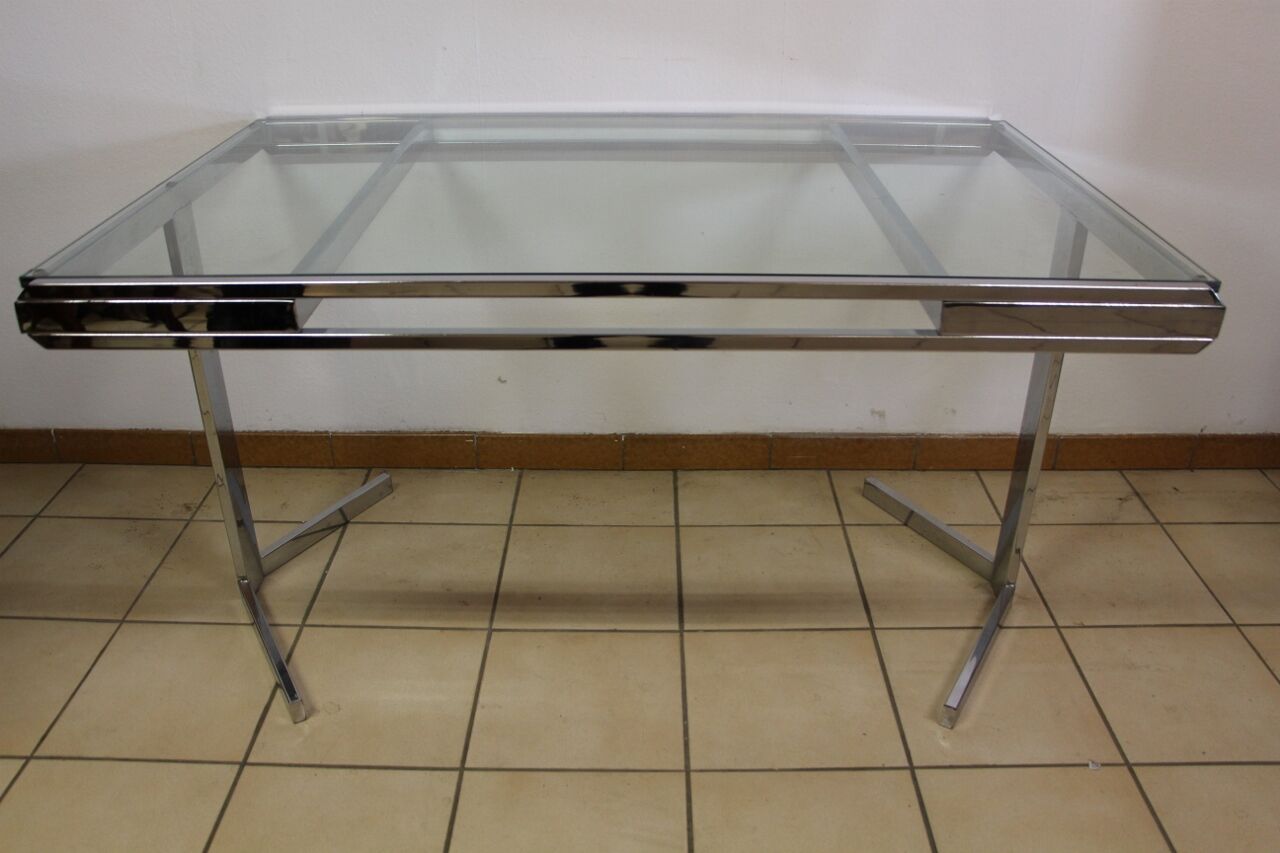 Table de salle a manger nickelé et verre