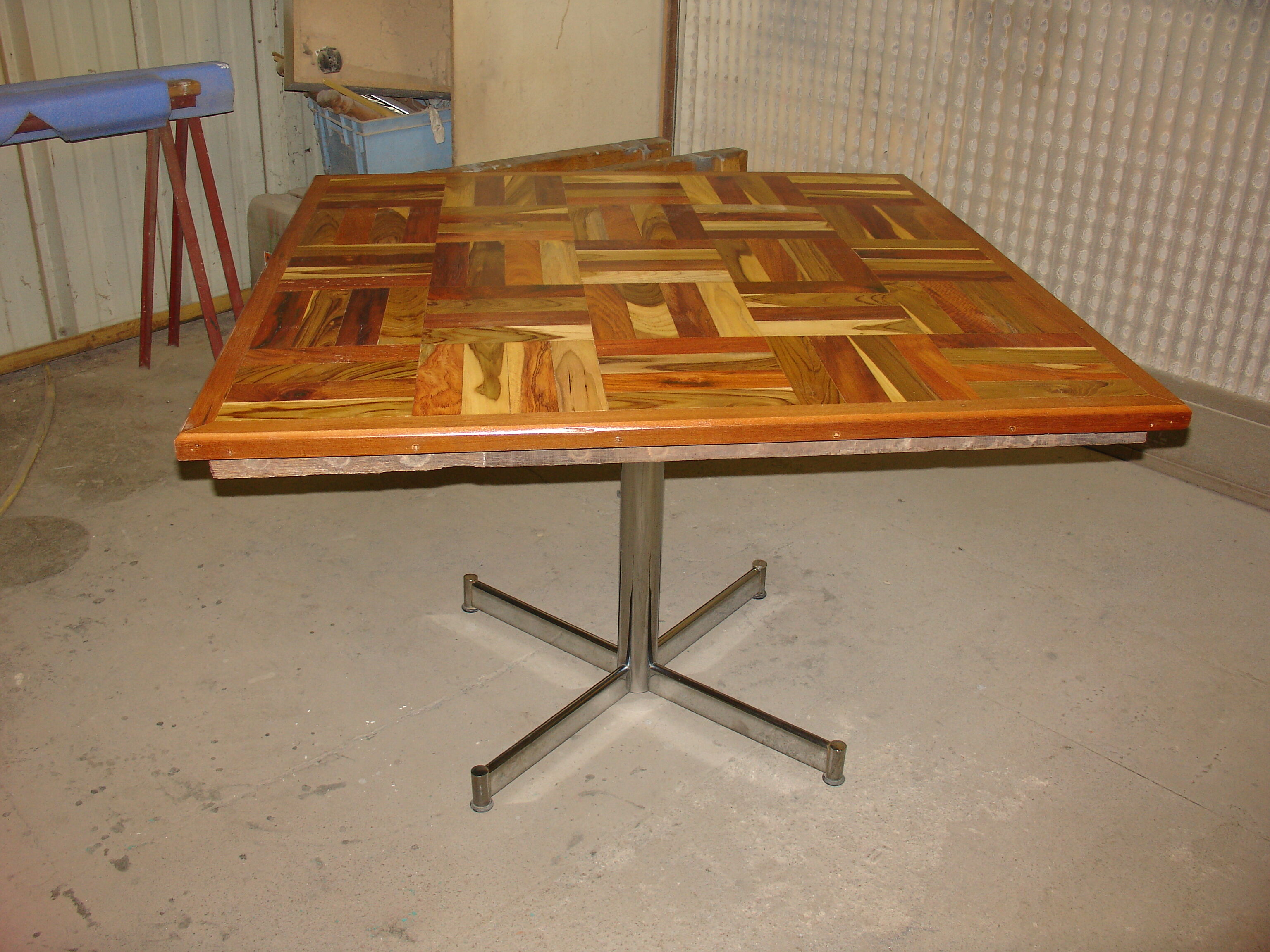 Square table in solid wood mosaic with chrome base, circa 1970