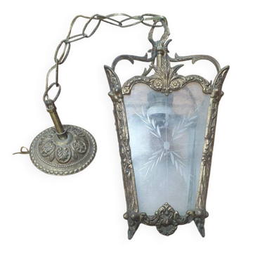 Small chandelier / lantern in bronze with etched glass - Louis XV style